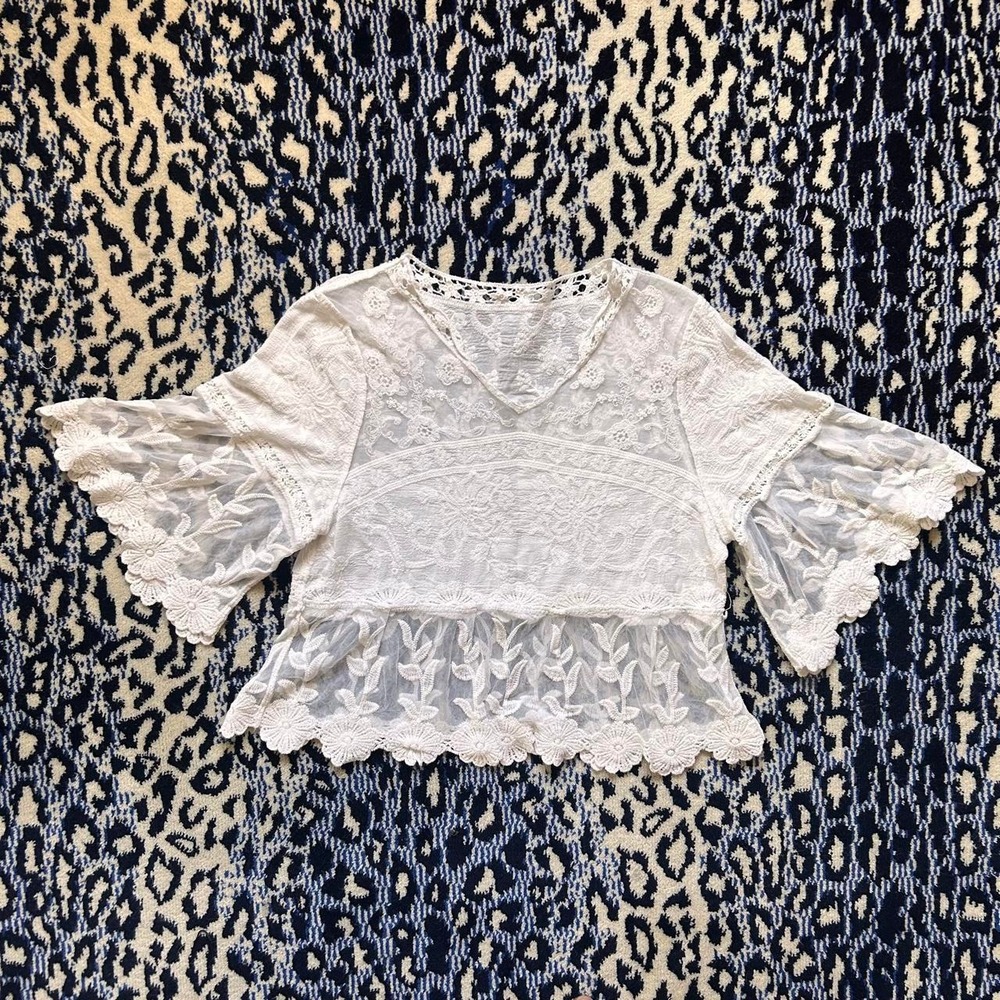 White Floral Lace Mesh V-Neck Bell Sleeve Peplum Top Boho Embroidery